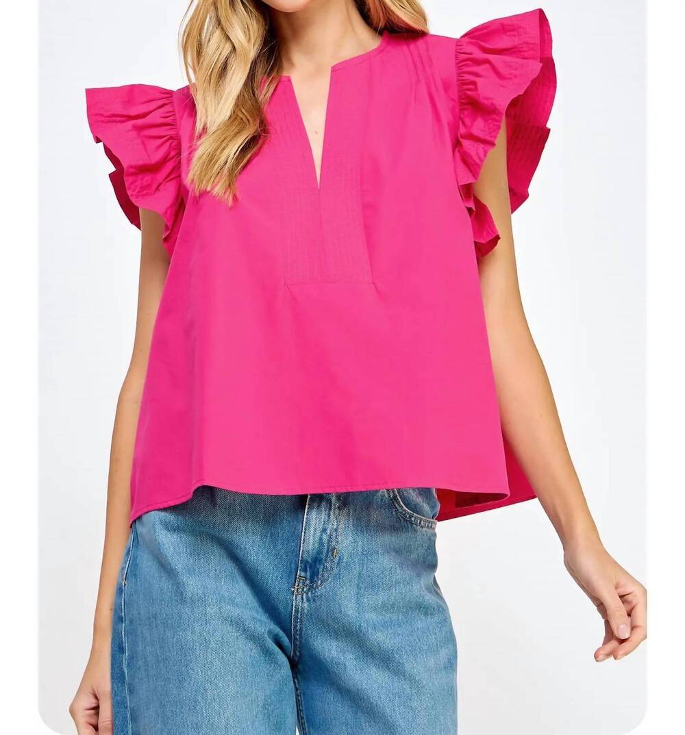 NEW STRUT & BOLT flutter ruffle sleeve poplin top in fuchsia